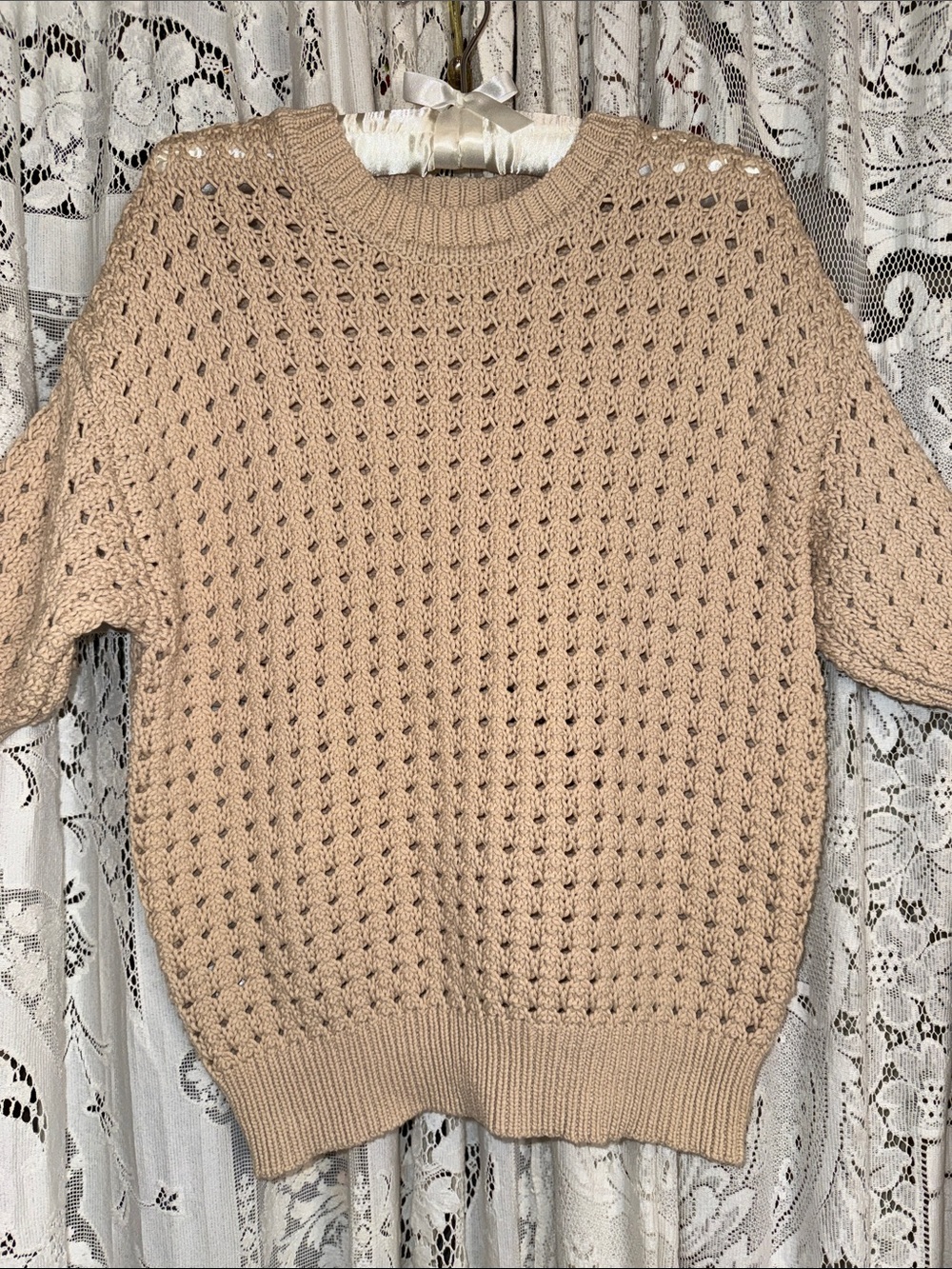 Ann Taylor Beige Open-Knit Crewneck Sweater